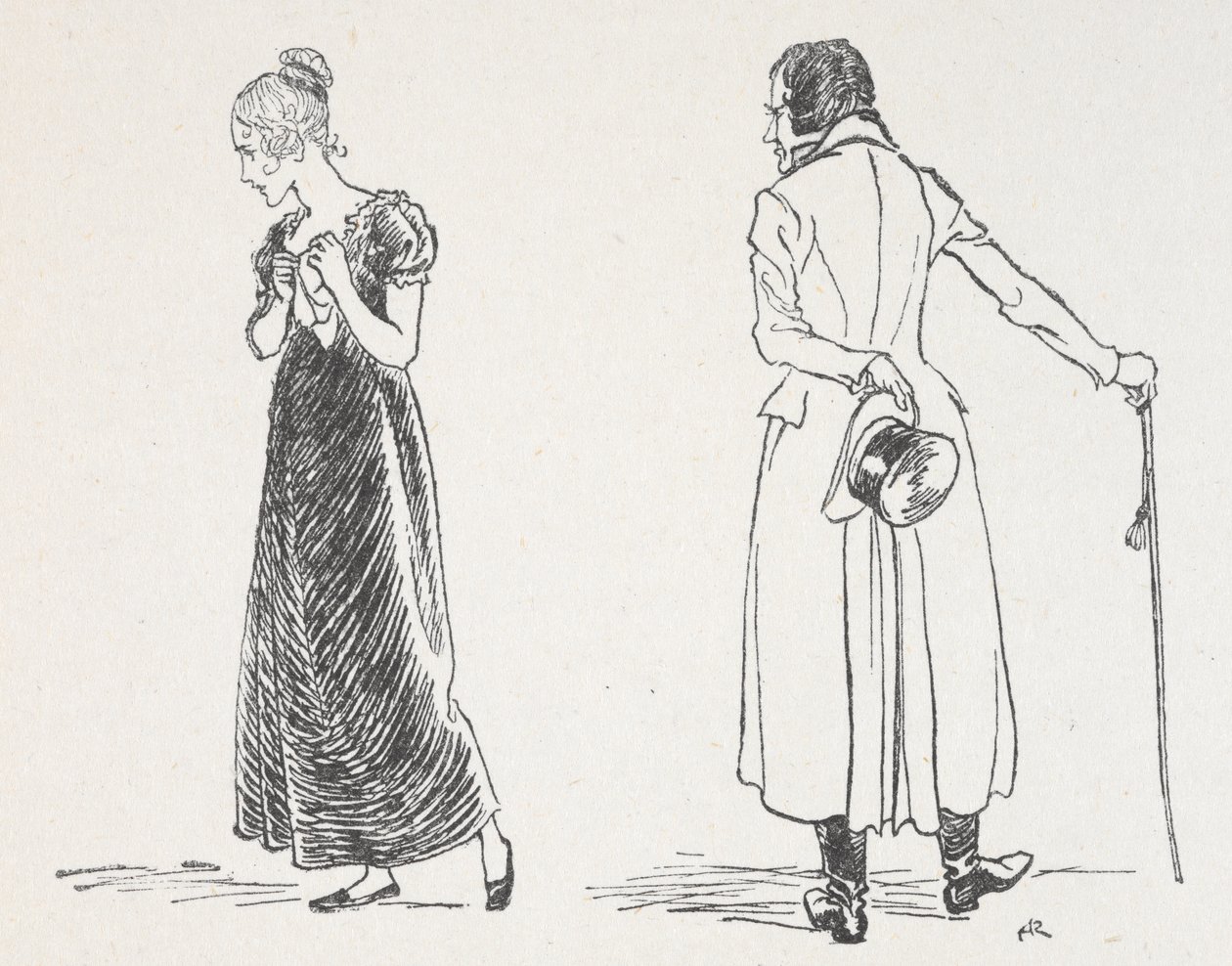 Egy fiatal pár veszekszik, a nő elfordult, zsebkendőt szorongatva a mellén alkotó: Arthur Rackham