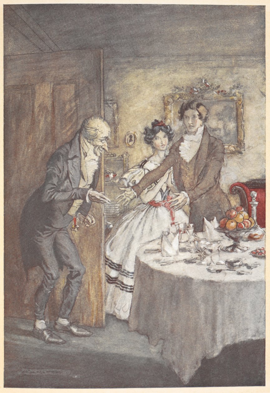 Egy fiatal férfi és nő üdvözli Scrooge-ot egy étkezésre az étkezőjükben alkotó: Arthur Rackham