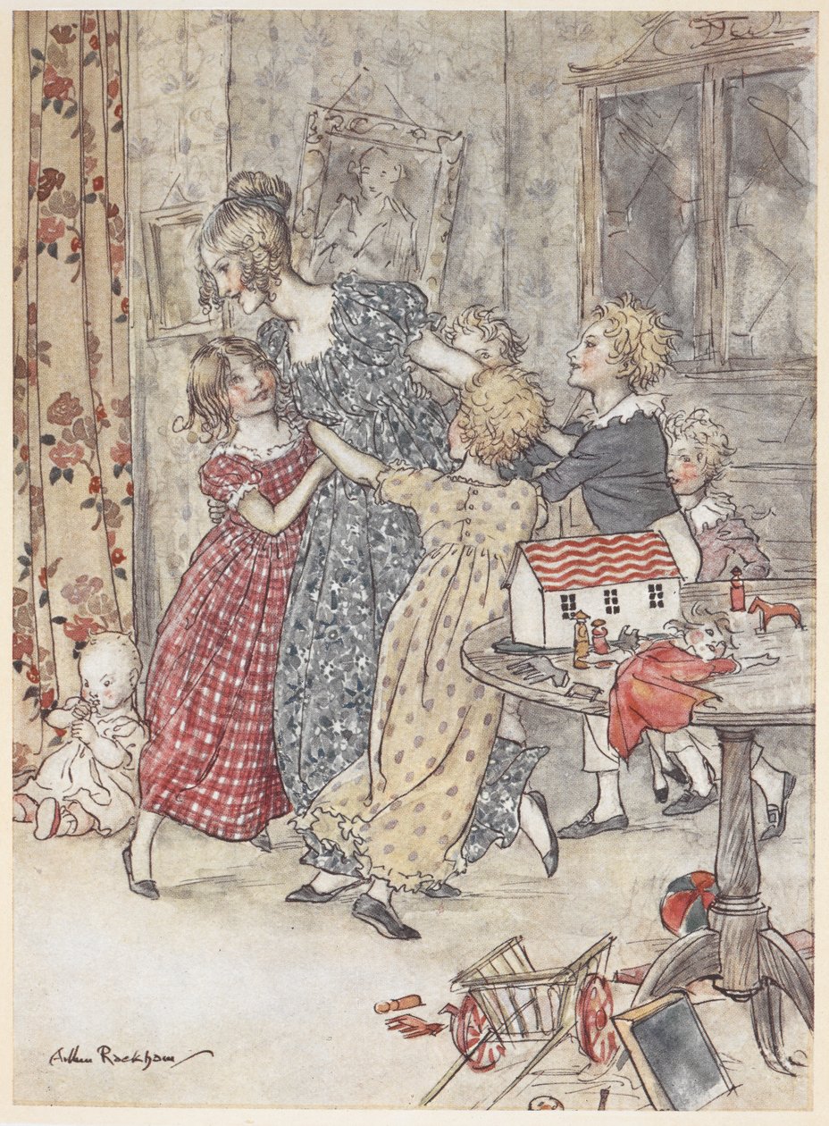 Egy fiatal nő és gyerekek táncolnak egy játékokkal teli játszószoba körül alkotó: Arthur Rackham