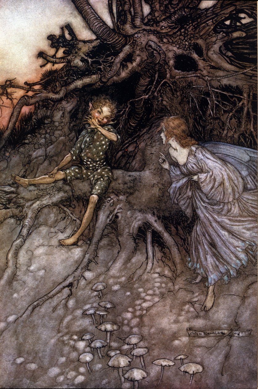 II. felvonás, I. jelenet Puck & egy tündér; Puck elismeri, hogy ő „az éjszaka vidám vándora”. Illusztráció: Arthur RACKHAM (1867-1939) William SHAKESPEARE: Egy nyári éjszaka álmához alkotó: Arthur Rackham