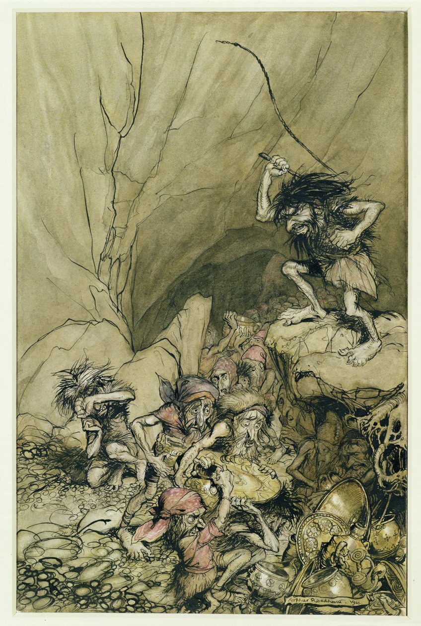 Alberich a Nibelungok egy csapatában vezet, amely arany- és ezüstkincsekkel van megrakva, Richard Wagner (1813-83) pub A Rheingold és a Valkűr illusztrációja. 1910 (toll és tinta, wc) alkotó: Arthur Rackham
