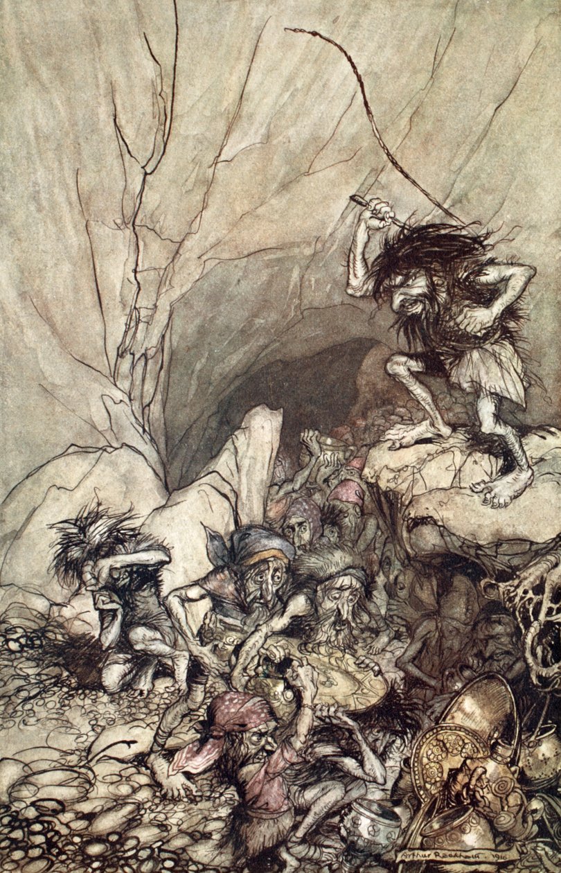 „Alberich a Nibelungok csapatában hajt arany- és ezüstkincsekkel”, 1910. alkotó: Arthur Rackham