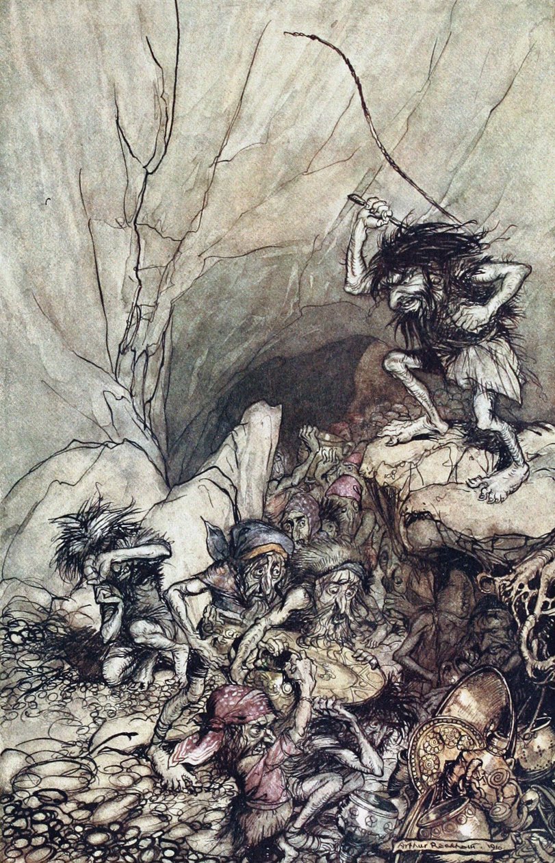 Alberich egy csapat Niblungban vezet, amely arany- és ezüstkincsekkel van megrakva. Illusztráció: The Rhi alkotó: Arthur Rackham