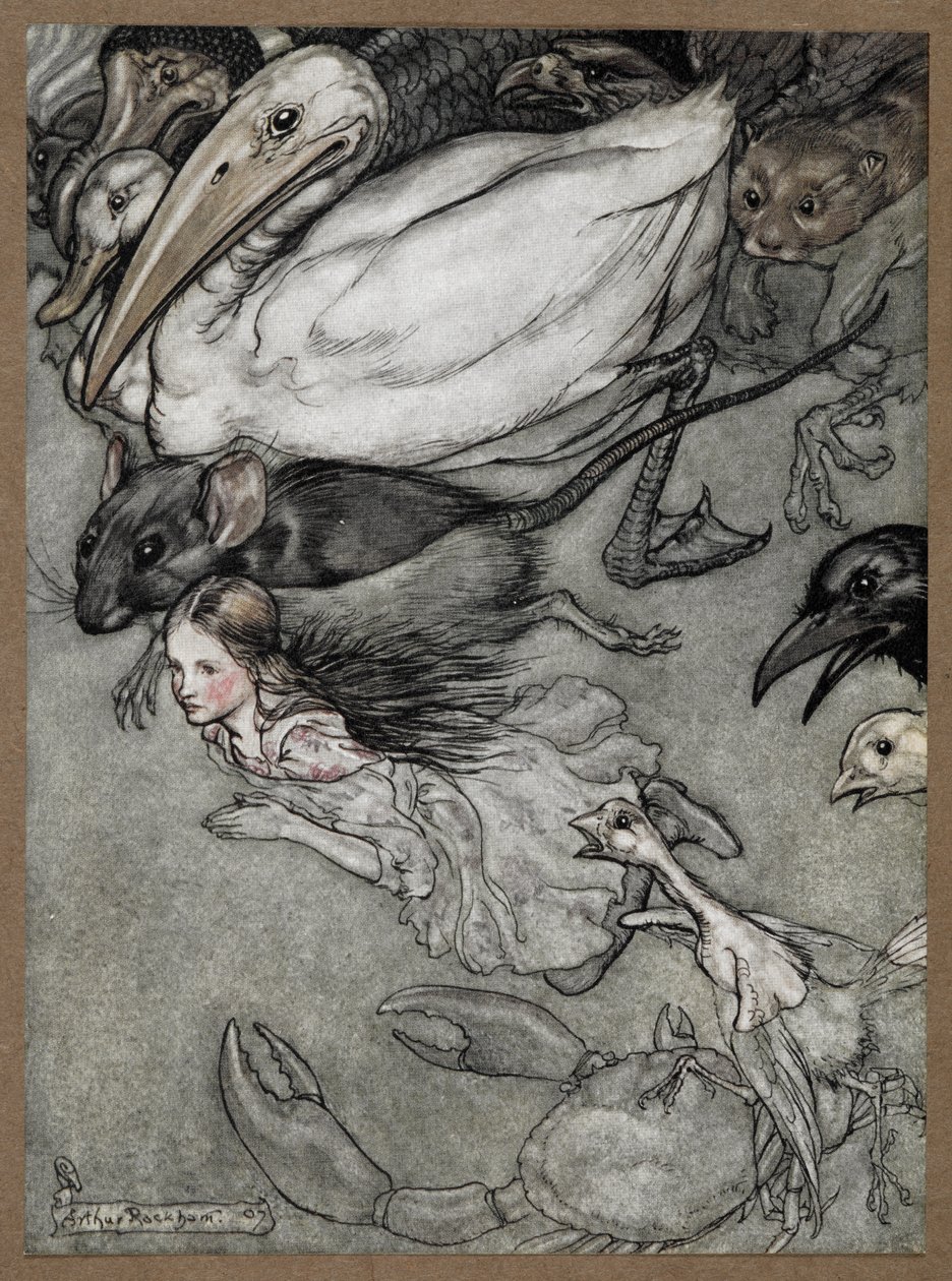 Alice és különféle úszó állatok, köztük patkány, kacsa, dodó, varjú, menyét, rák és fióka. alkotó: Arthur Rackham