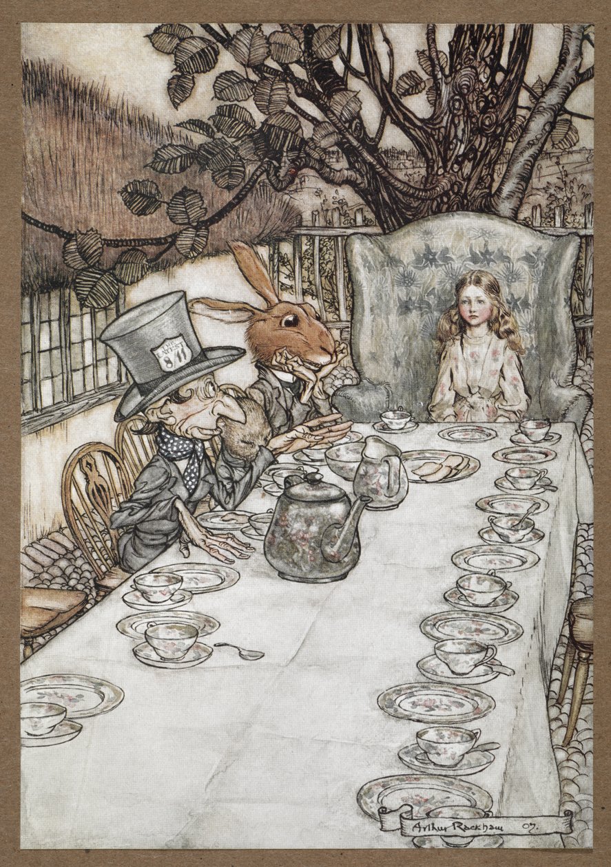 Alice az Őrült Kalapos Tea Party-n a Március nyúllal, a Dormouse-szal és az Őrült kalapossal alkotó: Arthur Rackham