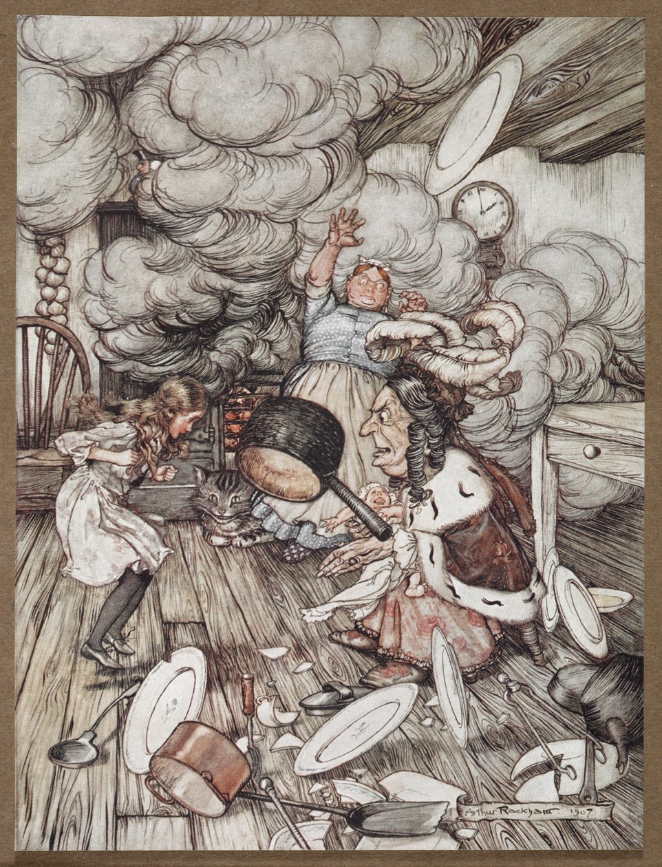 Alice egy konyhában a hercegnővel, egy szakácsnővel és a Cheshire macskával alkotó: Arthur Rackham