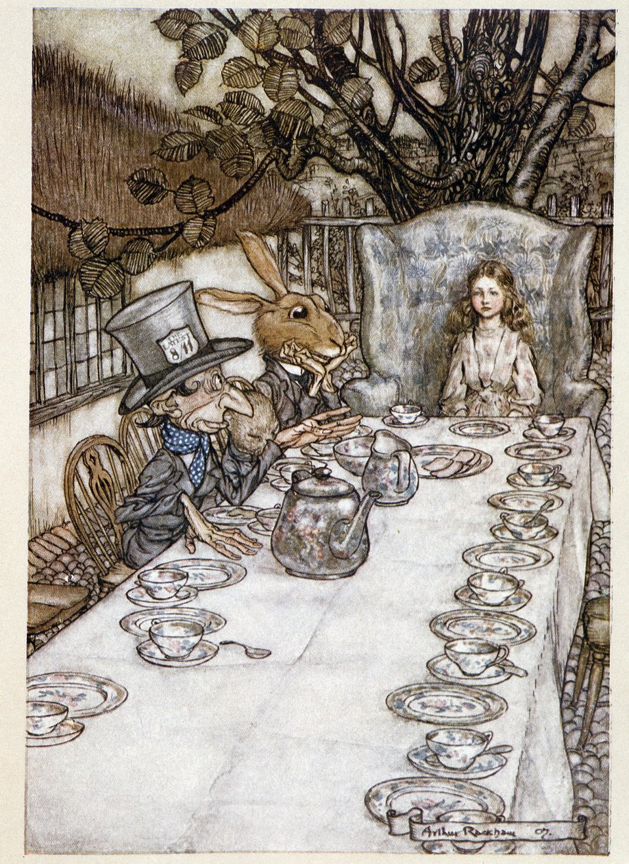 Alice elviszi a „” a bolondokban”” (A kalapos és a Mars Lievre) - a „” Alice kalandjai Csodaországban” című filmben”, Lewis Carroll, ill. Írta: Arthur Rackham (1867-1939) alkotó: Arthur Rackham