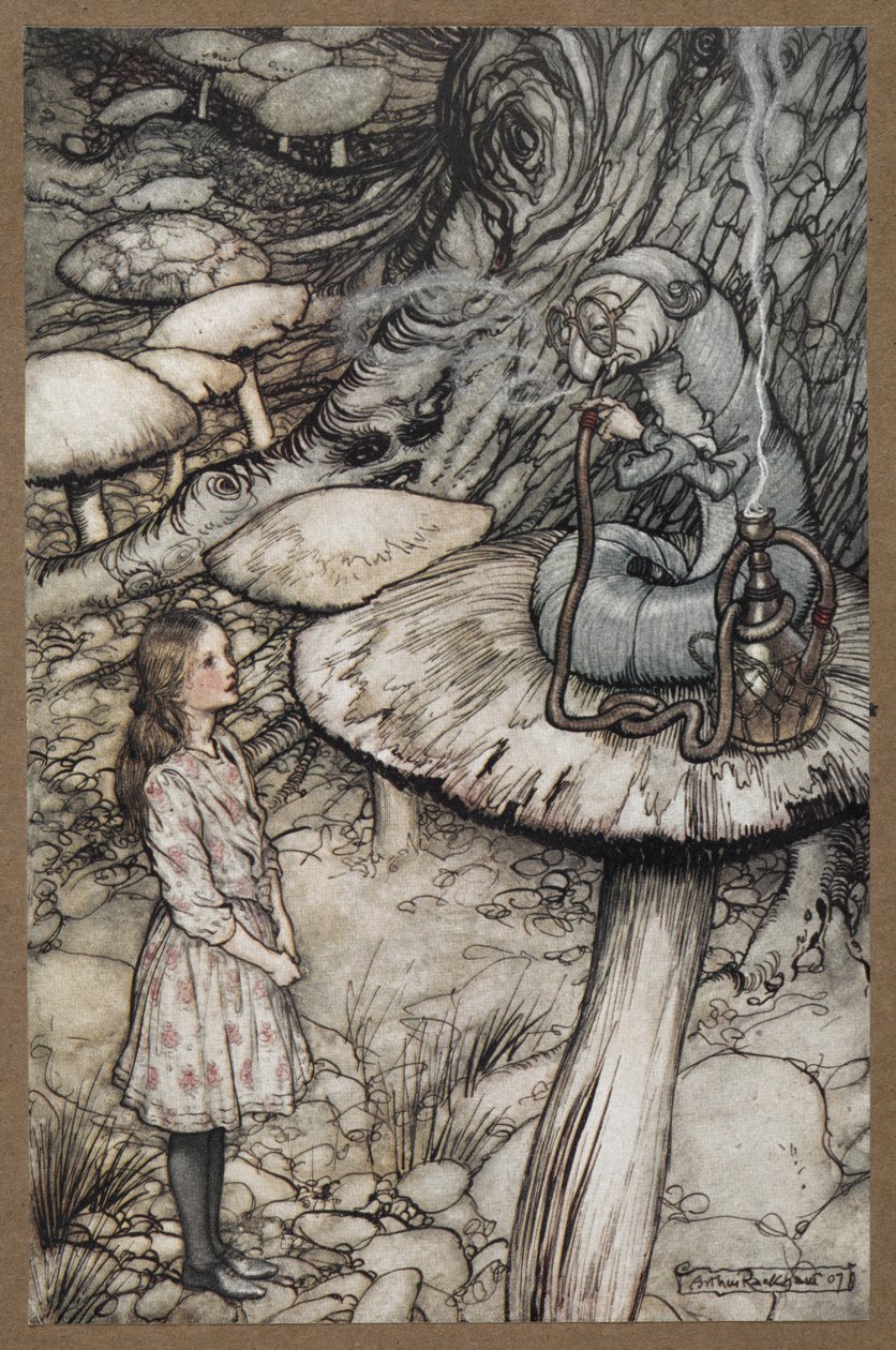 Alice a hernyóval beszélget, aki egy pipázó gombán ül alkotó: Arthur Rackham