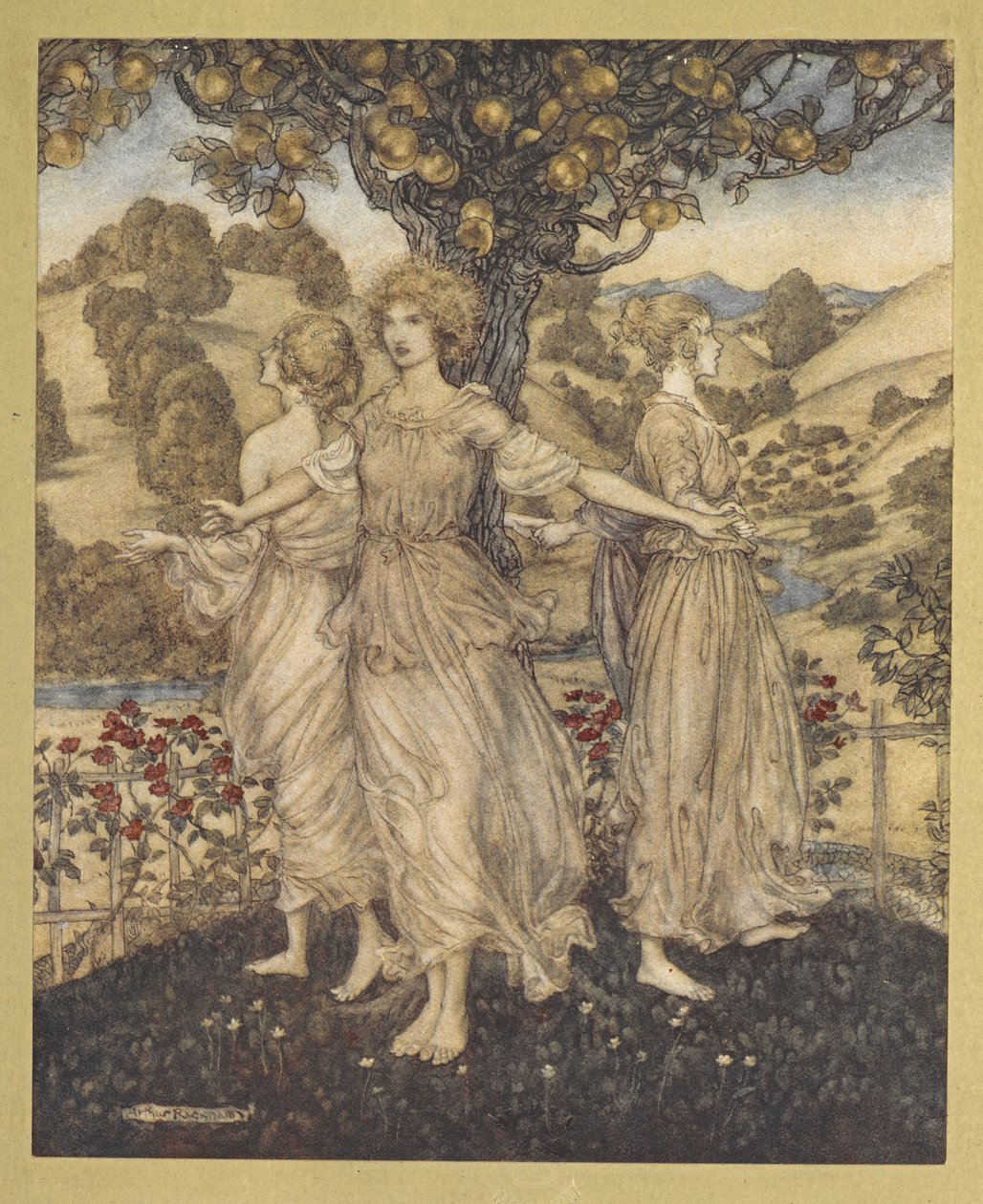 Mindezt a kerti vásárban, Hesperusszal és három lányával, akik az aranyfáról énekelnek. alkotó: Arthur Rackham