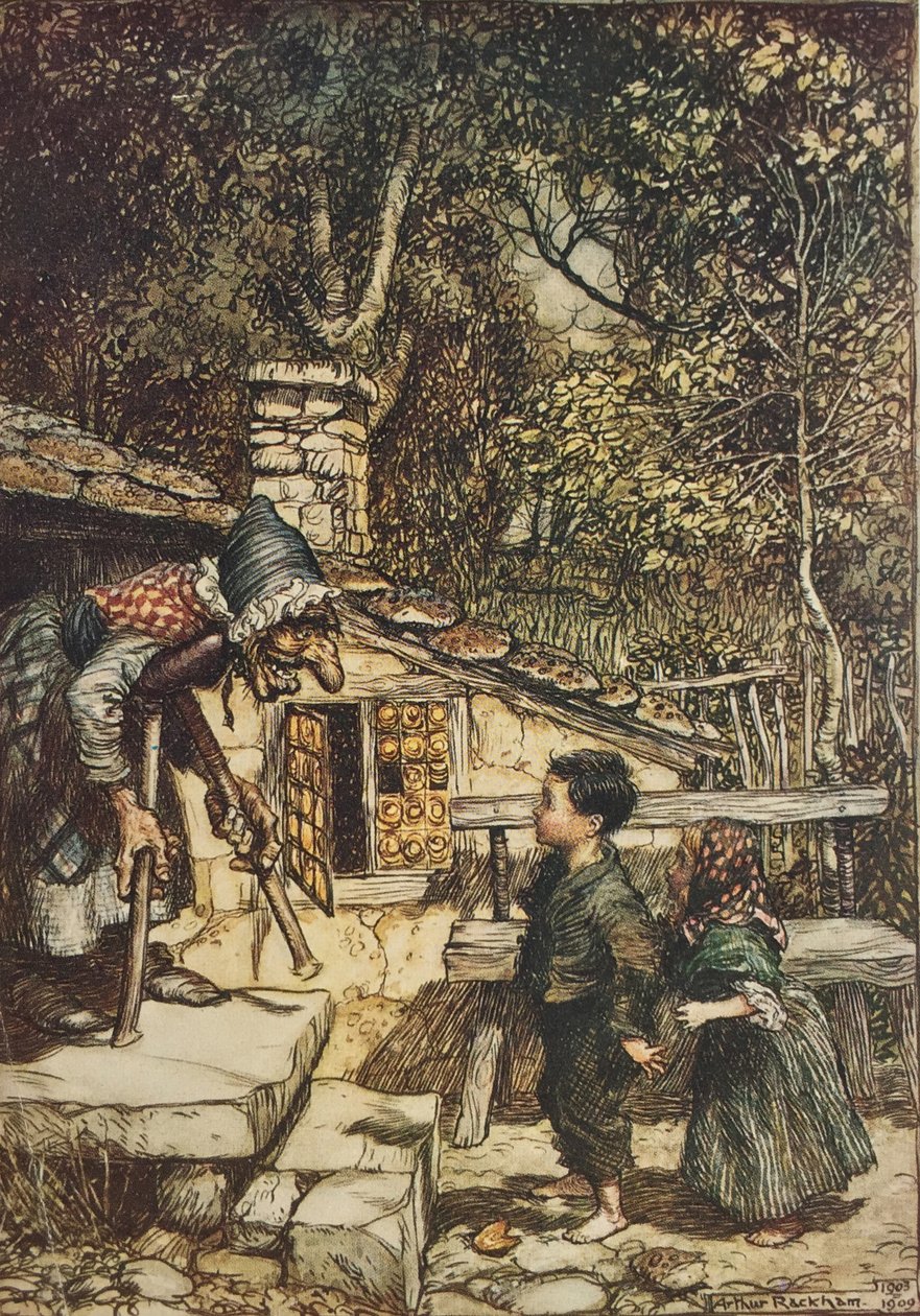 „Egyszerre kinyílt az ajtó, és egy öreg, vénasszony, aki mankón támaszkodott, kapálózva jött ki”, illusztráció a „Hansel és Juliska” című könyvből alkotó: Arthur Rackham