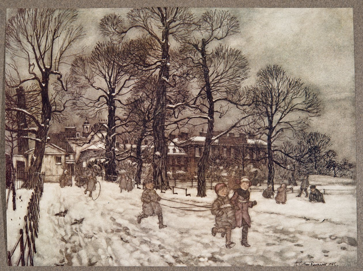 Egy délután, amikor a kertek fehérek voltak a hótól, J. M. Barrie (1860 - 1937), kocsma, Peter Pan a Kensington Gardens-ben. 1906 alkotó: Arthur Rackham