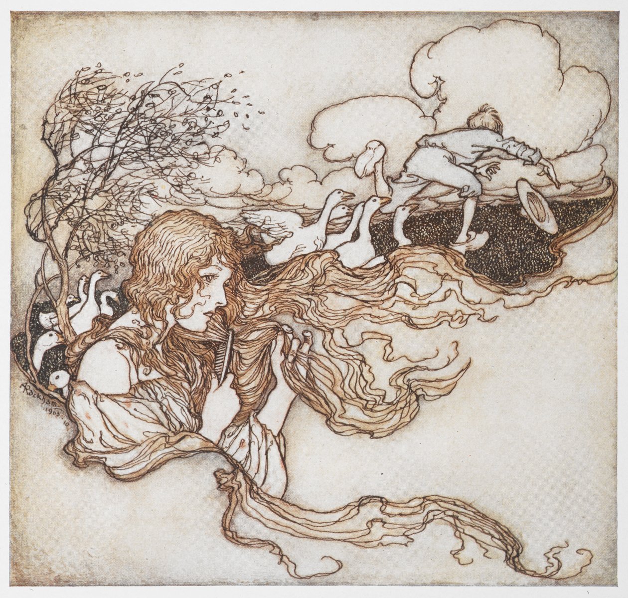Illusztráció egy lányról, aki libákkal fésüli a haját, a háttérben pedig egy fiú, a Libalányból. alkotó: Arthur Rackham