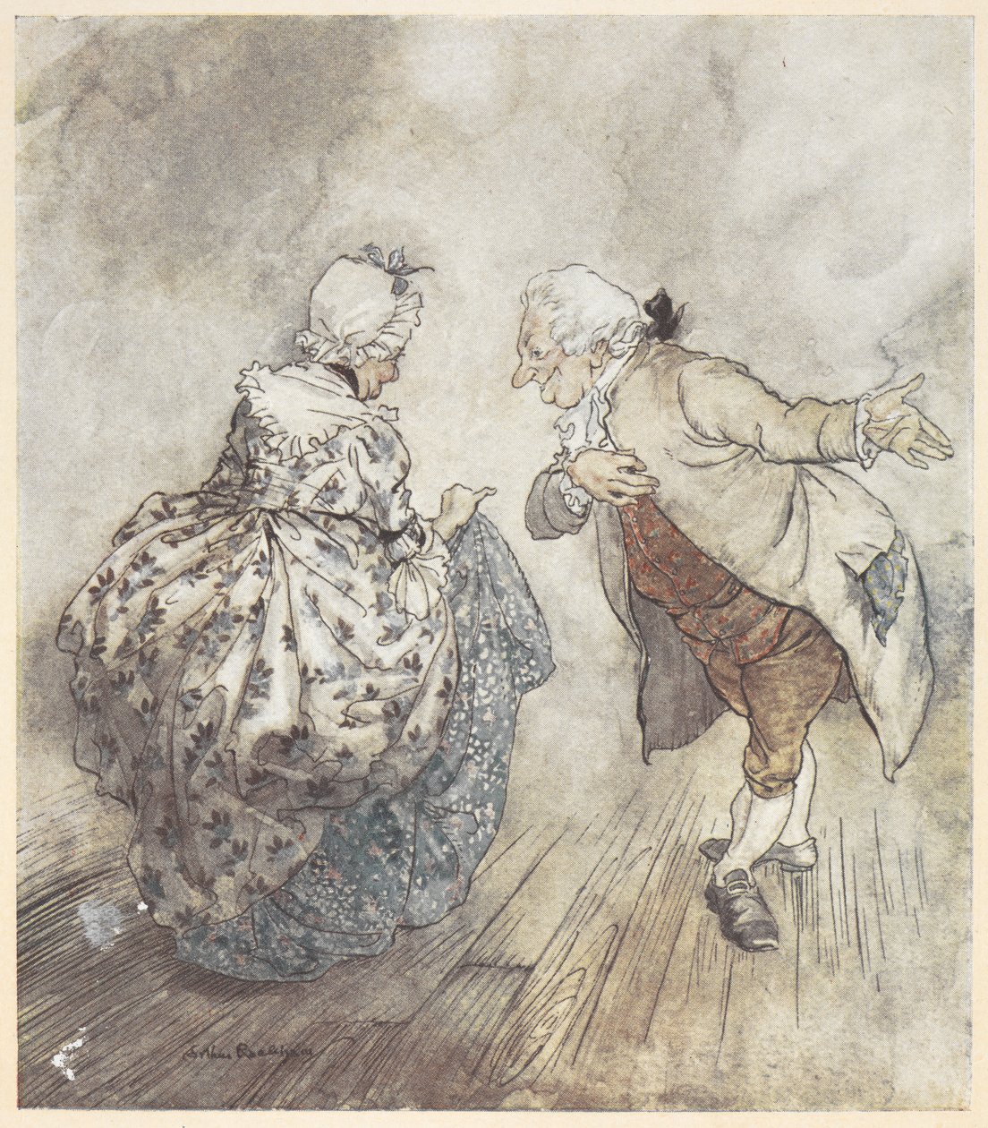 Egy idős házaspár hivatalos ruhában táncolni készül alkotó: Arthur Rackham