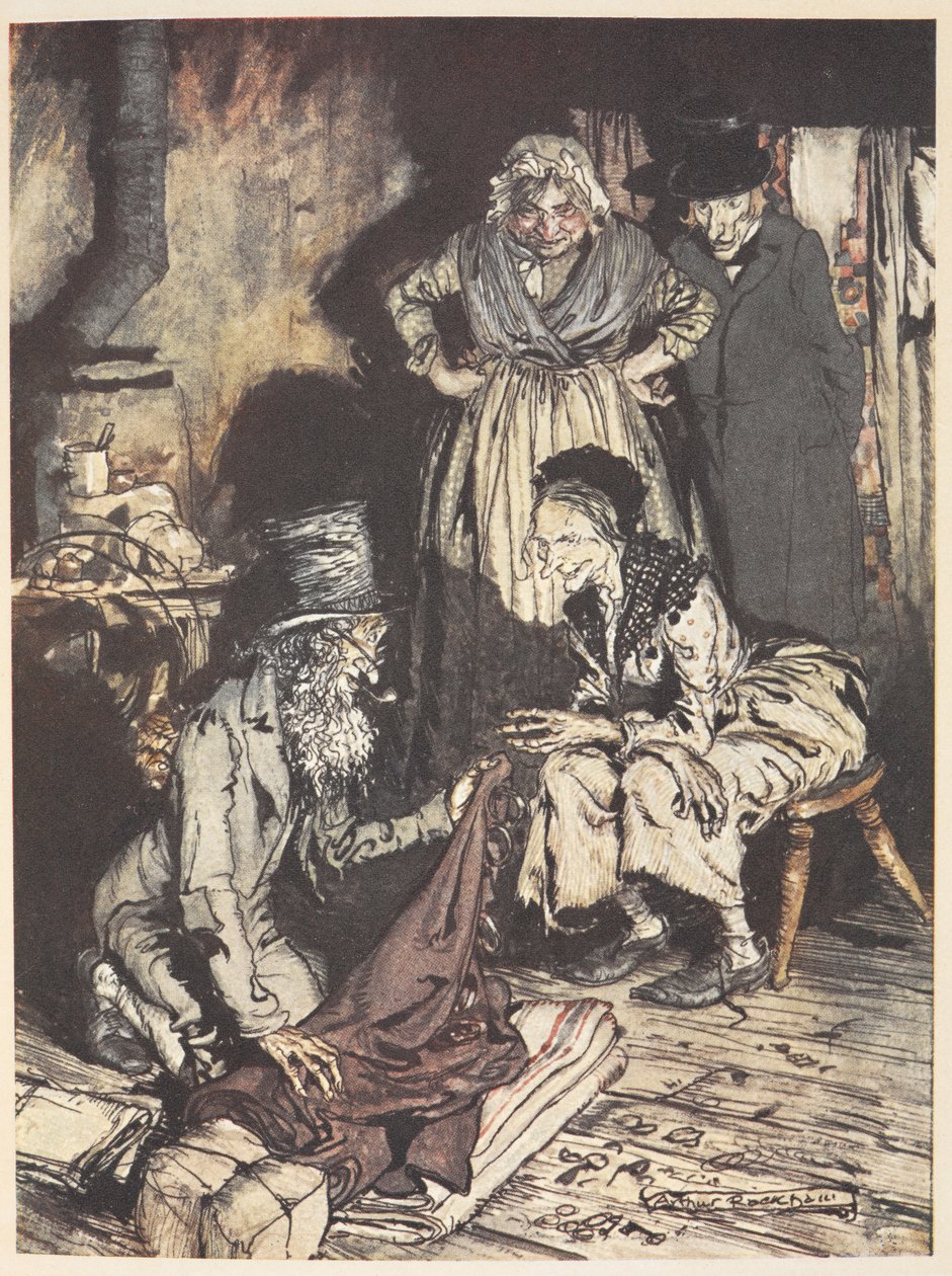 Egy régi család a házukban, és egy férfi függönnyel kínálja őket alkotó: Arthur Rackham