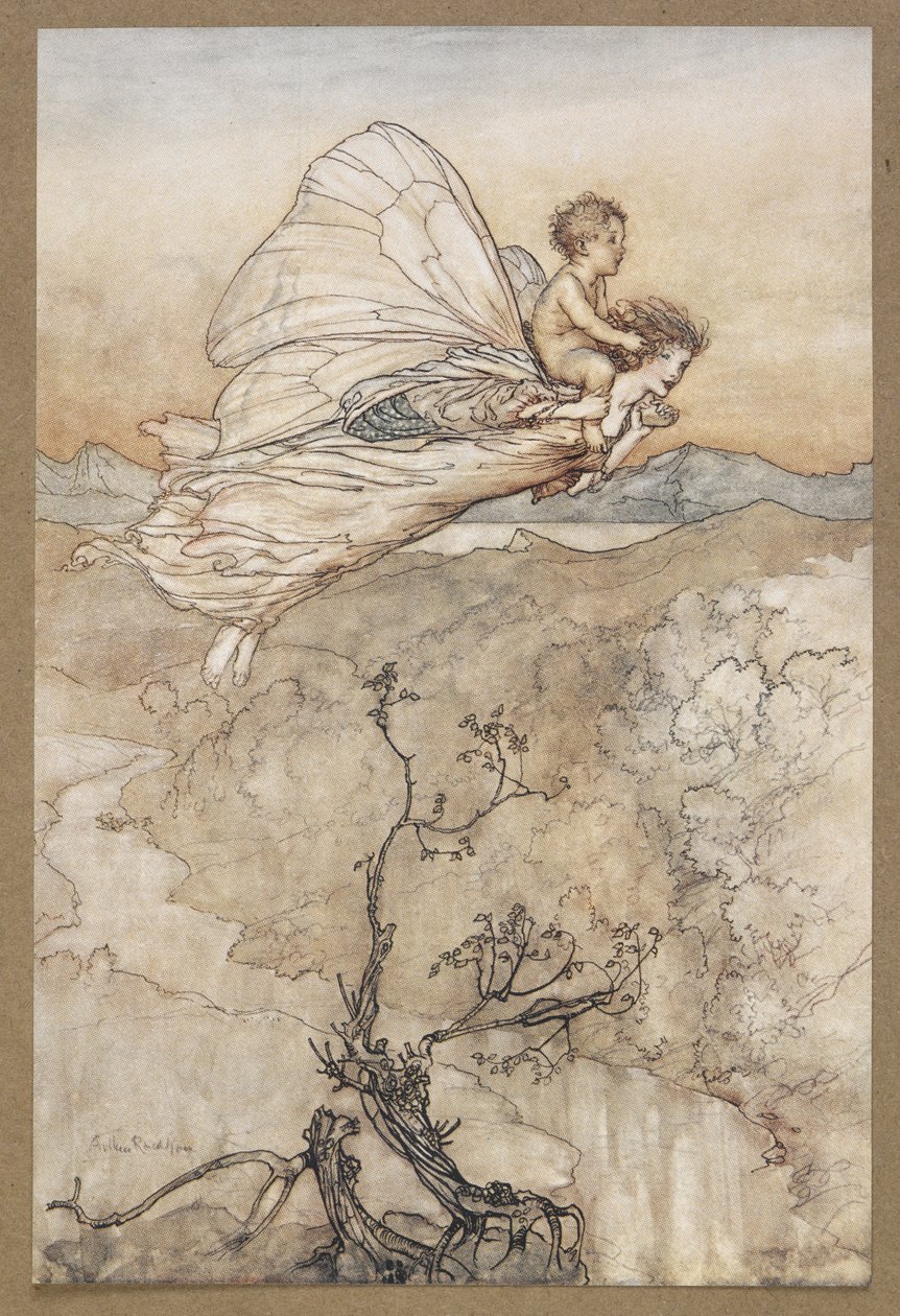 ... És a tündére elküldte, hogy vigye el a lugamba a tündérországba. A Tündér elrepült a Changlinggel. Jelenet a Szentivánéji álomból. alkotó: Arthur Rackham