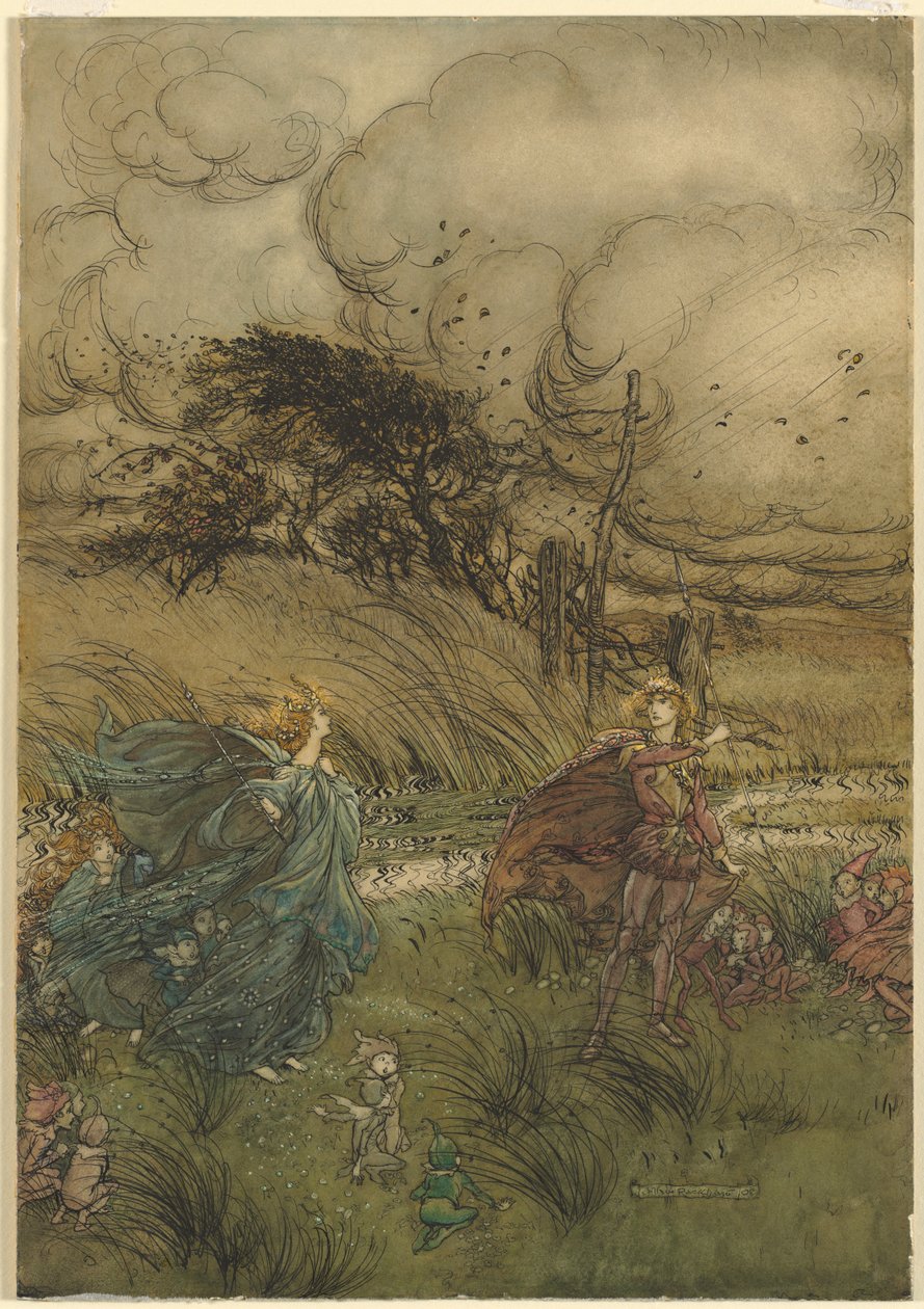 "És most soha nem találkoznak ligetben vagy zöldben" William Shakespeare Szentivánéji álom 2. felvonásának 1. jelenetéből alkotó: Arthur Rackham