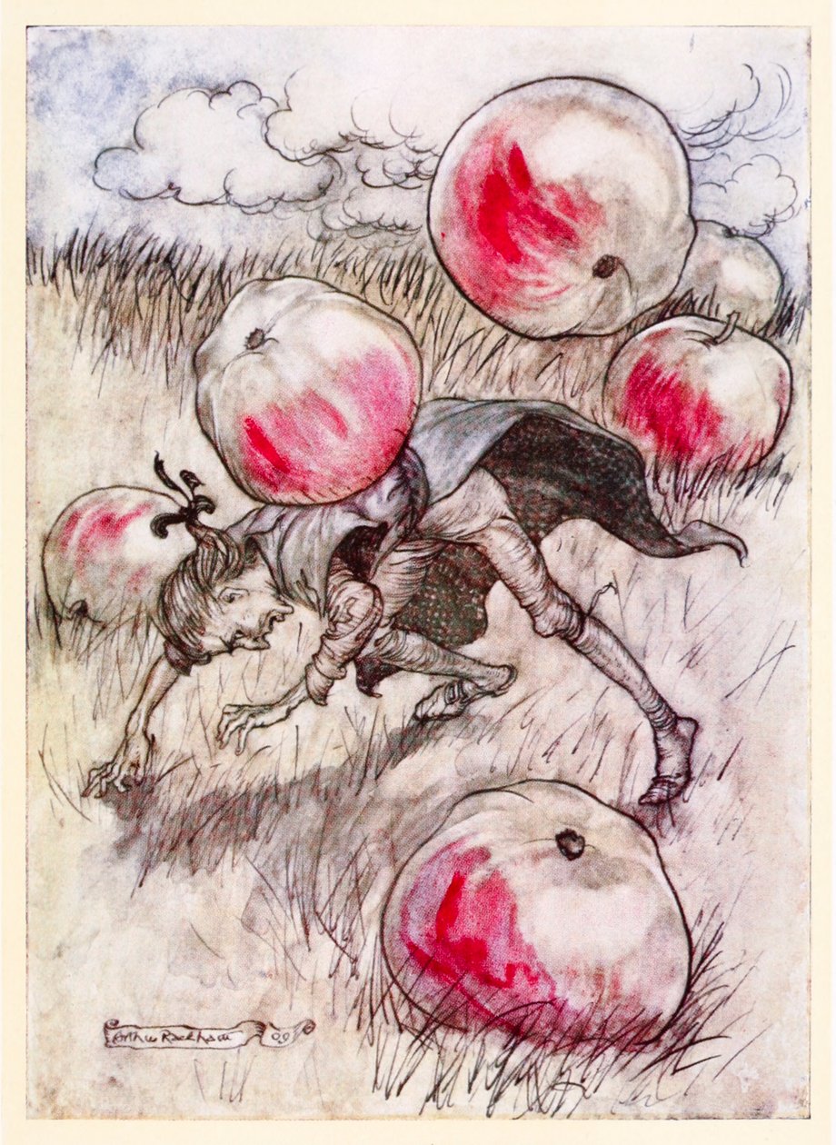 Az alma zúgott a fülemben a II. részből: Utazás Brobdingnagba a Gullivers utazásokban, Jonathan Swift alkotó: Arthur Rackham