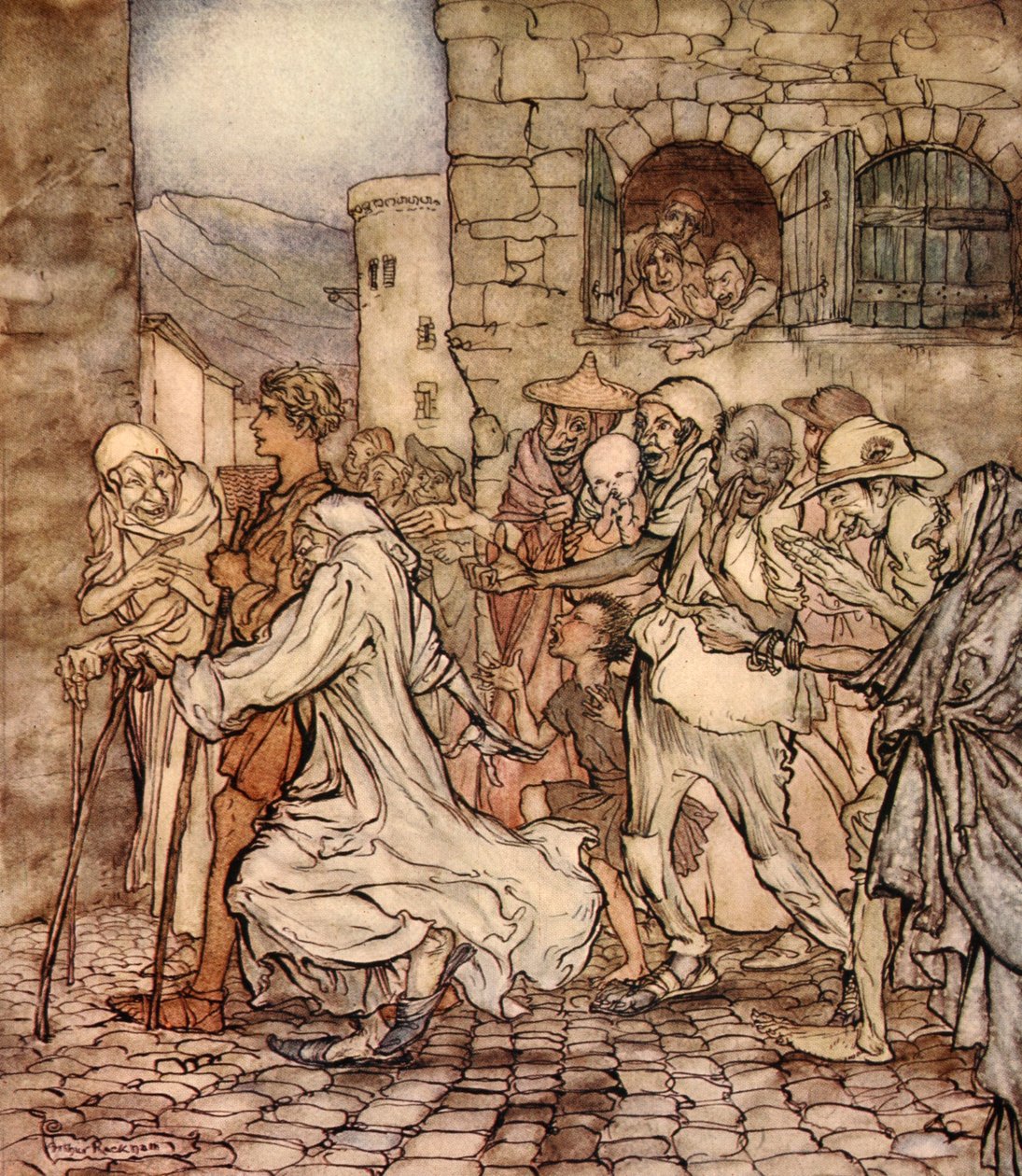Ahogy Perseus ment, az emberek utána mutogattak, illusztráció Nathaniel Hawthorne 