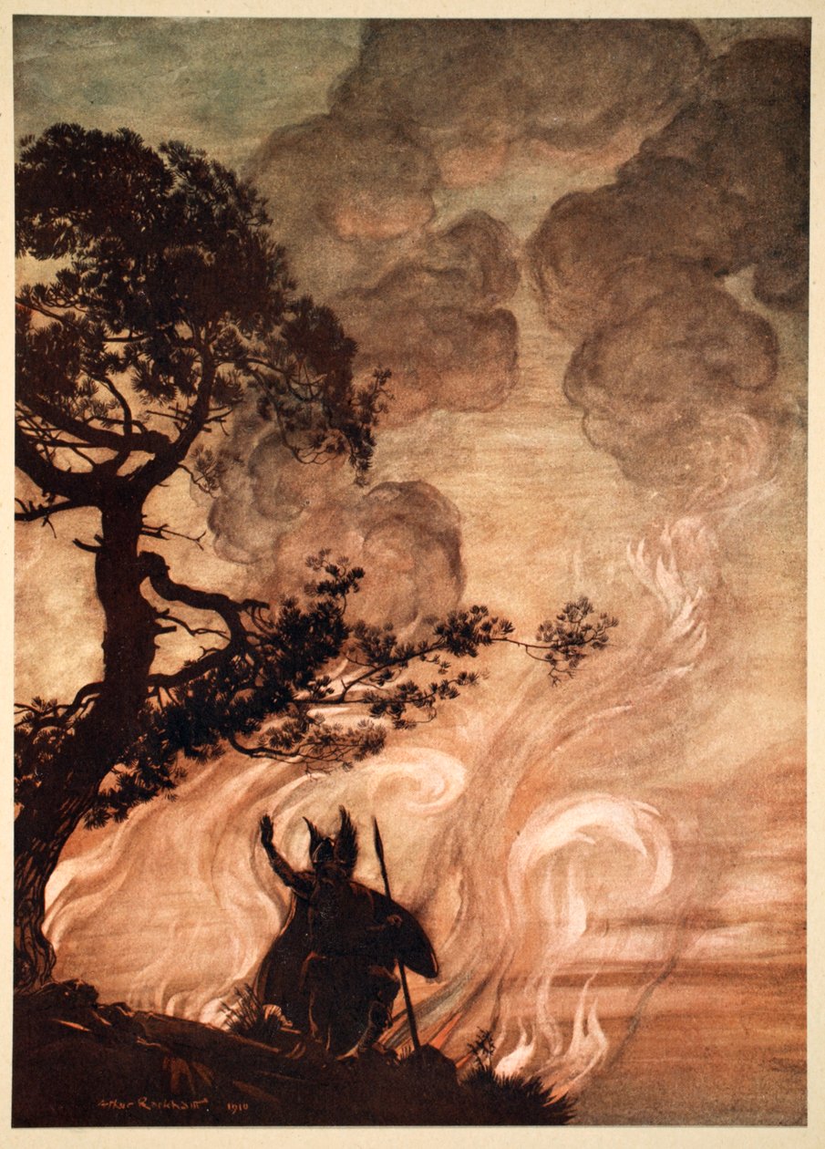 „Amint lassan távolodik, Wotan megfordul, és szomorúan néz vissza Brunnhildére” (1910). alkotó: Arthur Rackham