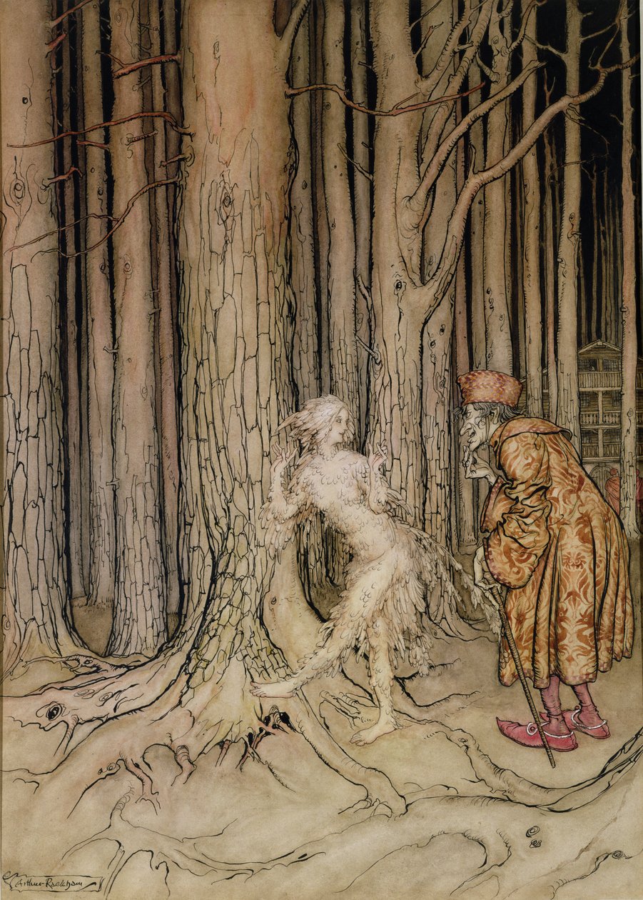 Végre találkozott a lassan visszatérő vőlegénnyel, a Fitchers Bird illusztrációja, a Little Brother, Little Sistertől, Grimm testvérektől, 1917 (wc és toll és tinta papíron) (lásd még: 28797) alkotó: Arthur Rackham