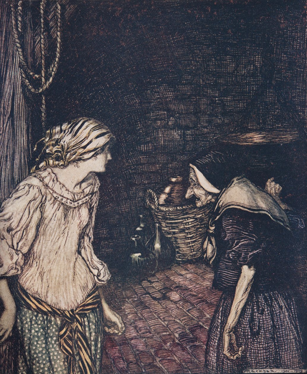 Végre elérte a pincét, és ott talált egy öreg, öregasszonyt, rázó fejjel.. a Grimm testvérek tündérmeséi kocsmából. 1909 alkotó: Arthur Rackham