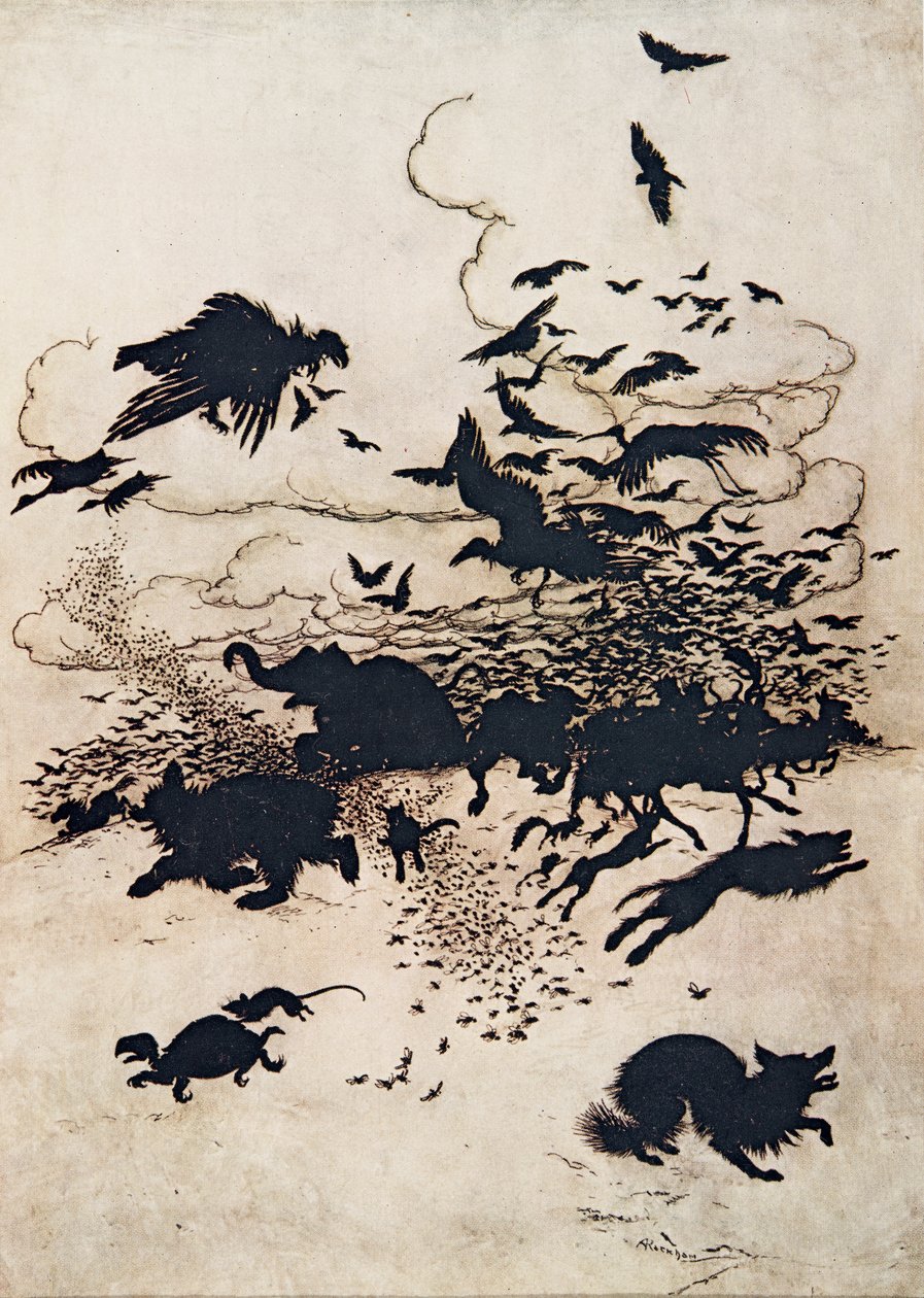 A harmadik csípésnél a Róka felsikoltott, és a farkát a lábai közé húzta. 1909 alkotó: Arthur Rackham