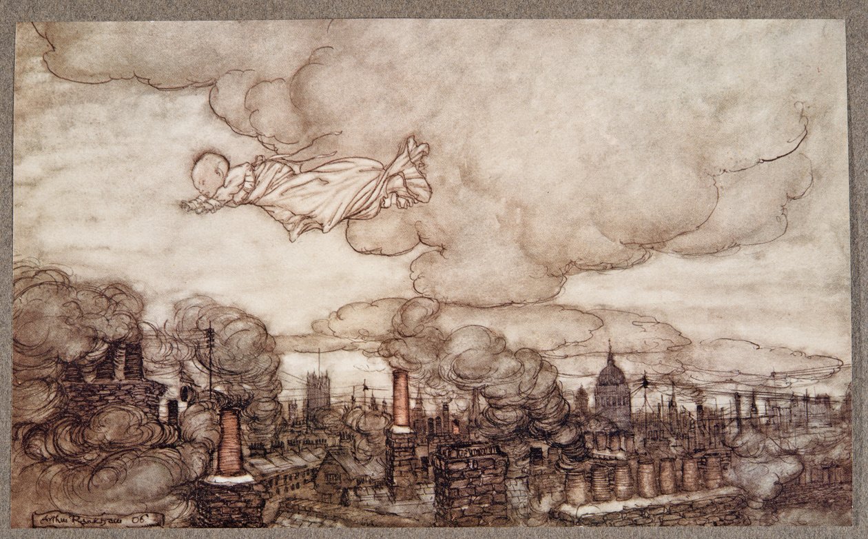 Elrepült közvetlenül a házak felett a Gardensbe, a Kensington Gardensben található Peter Pan-től, J M Barrie (1860-1937), pub. 1906 alkotó: Arthur Rackham