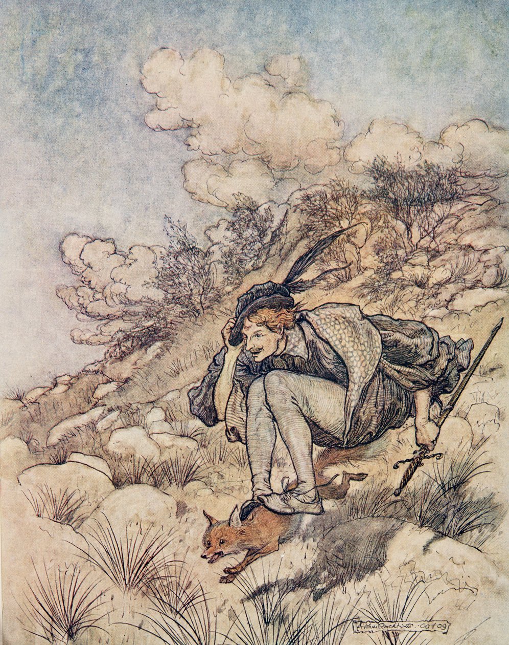 Elrepültek kő és kő felett, olyan tempóban, hogy a haja fütyült a szélben, a Grimm testvérek tündérmeséiből, kocsmából. 1909 alkotó: Arthur Rackham