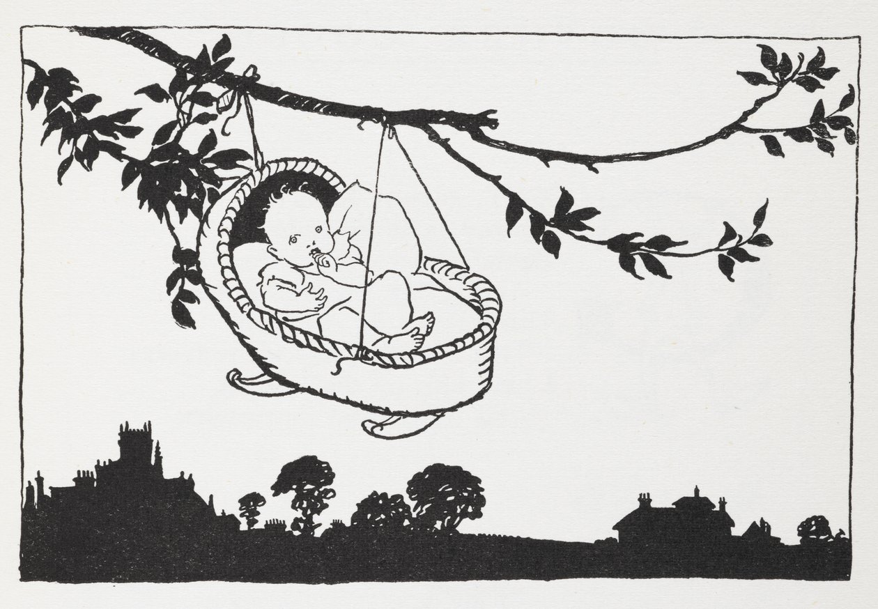 Baba egy ágról lógó kiságyban. alkotó: Arthur Rackham