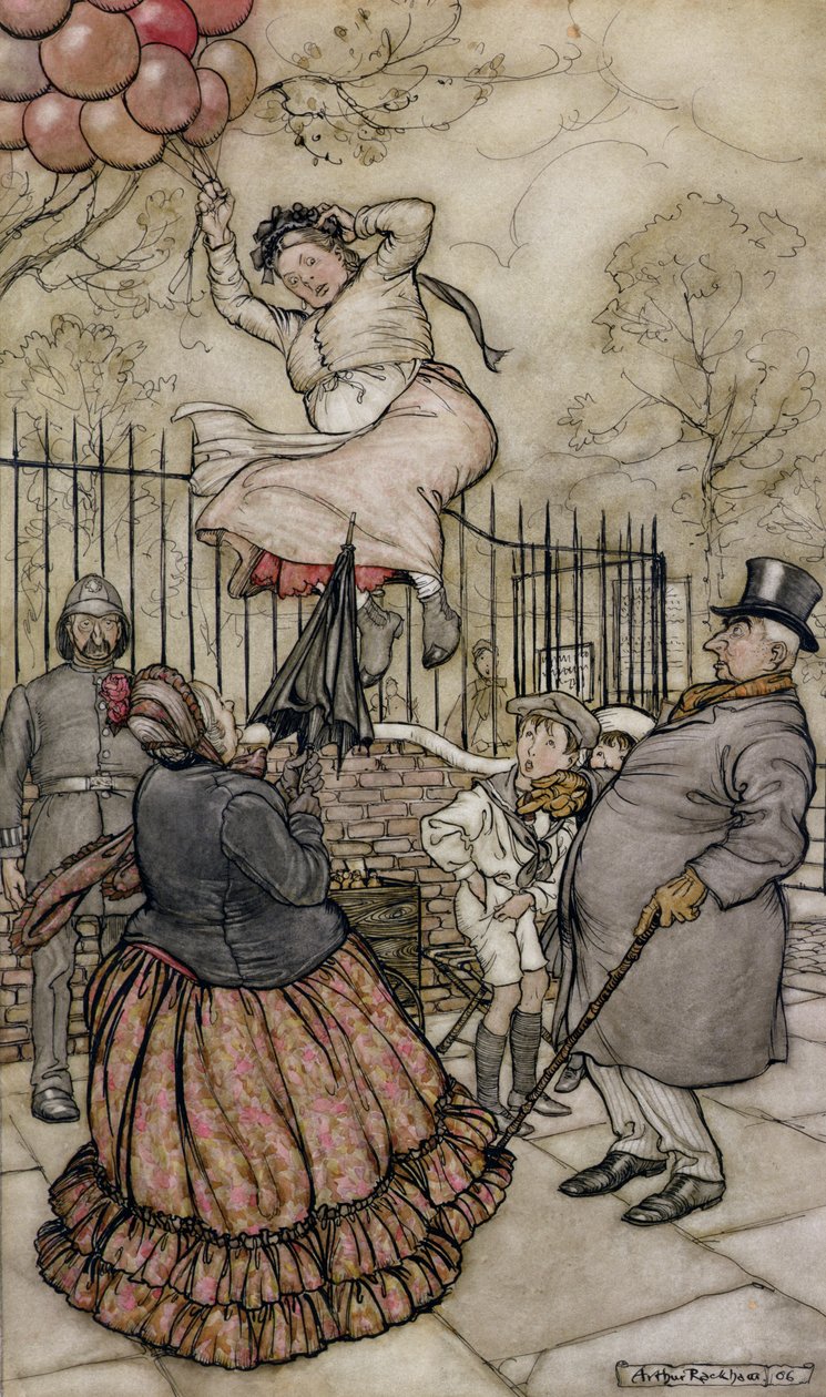 Léggömbök, illusztráció Peter Pantől a Kensington Gardensben, J. M. Barrie, kiadva 1906-ban (toll, tinta és WC papíron) alkotó: Arthur Rackham