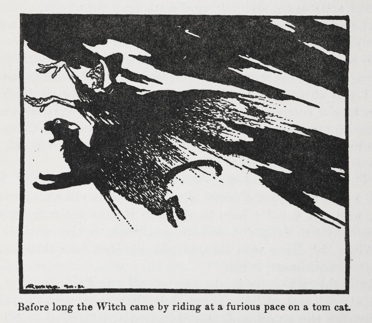 Nemsokára a Boszorkány úgy jött, hogy dühös tempóban lovagolt egy tommacskán. alkotó: Arthur Rackham