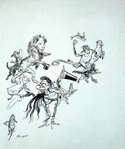 „Madarak, vadállatok és halak zavarba ejtő tömegben száguldottak” – illusztráció a „The Zankiwank and the Bletherwitch” című művéből, S.J. Adair Fitzgerald, 1896-ban megjelent (toll és tinta papíron) alkotó: Arthur Rackham