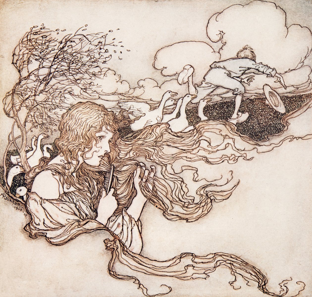 Fújj, fújj, fújj egy kis szellőt, és megragadja Conrad kalapját. a Grimm testvérek tündérmeséiből, pub. 1909 alkotó: Arthur Rackham