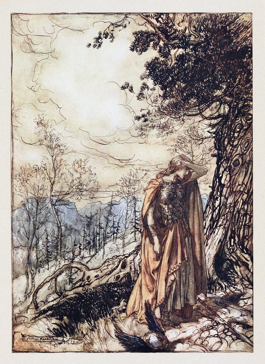 Brünnhilde. Illusztráció a Rajna aranyhoz és a Valkűrhöz, Richard Wagnertől, 1910 alkotó: Arthur Rackham