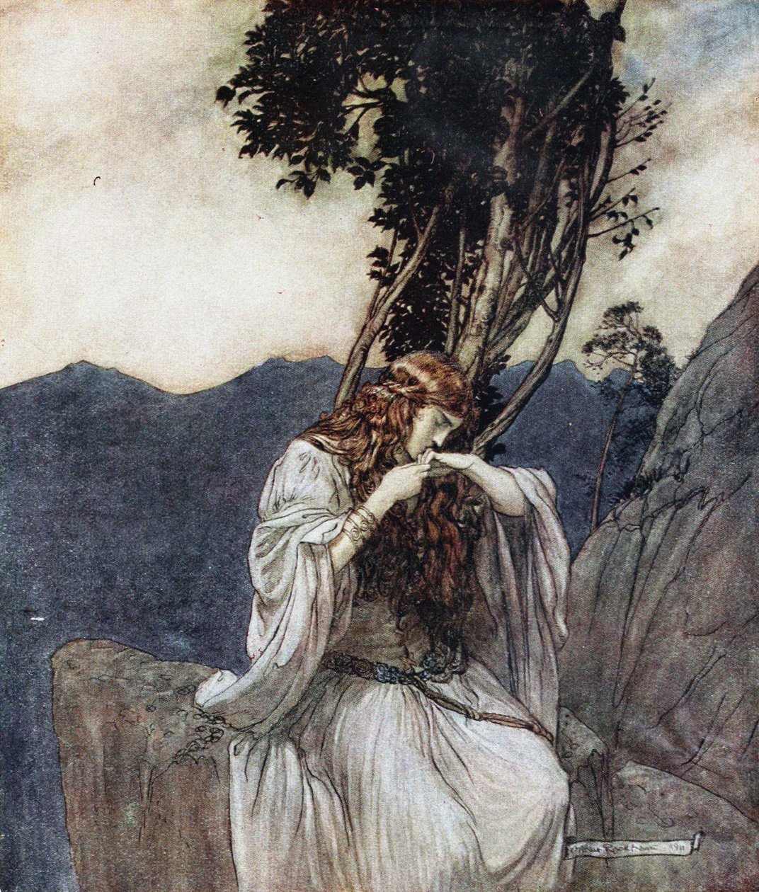 Brünnhilde megcsókolja a gyűrűt, amit Siegfried hagyott nála. Illusztráció Siegfriedhez és a Twihez alkotó: Arthur Rackham