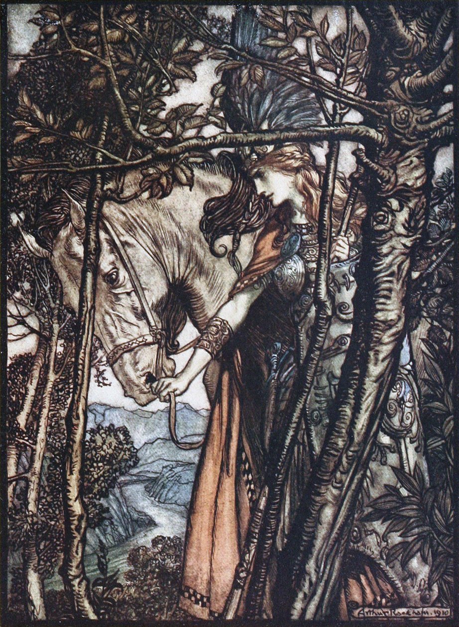 Brünnhilde a kantárnál fogva vezeti lovát. Illusztráció a Rajna aranyhoz és a Valkűrhöz, Richa alkotó: Arthur Rackham