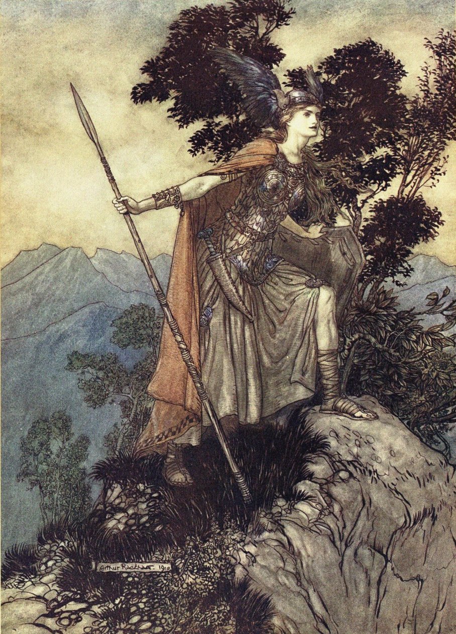 Brunhilde. Illusztráció a Rajna aranyhoz és a Valkűrhöz, Richard Wagnertől, 1910 alkotó: Arthur Rackham
