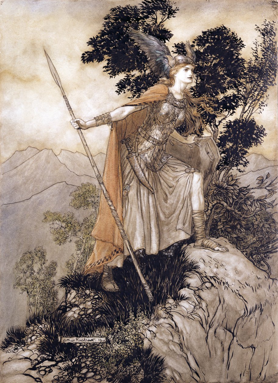 Brunhilde, Richard Wagner illusztrációja: A Rajna arany és a Valkűr, 1910 (toll és tinta, wc papíron) alkotó: Arthur Rackham