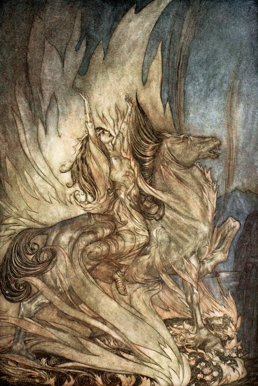 "Brunnhilde on Grane felugrik Siegfried temetési máglyájára", 1924. alkotó: Arthur Rackham