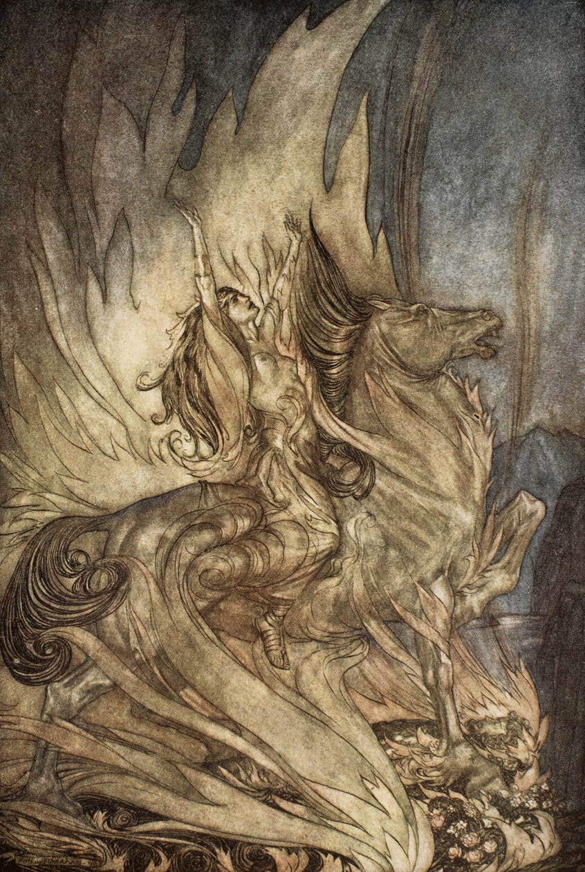 Brunnhilde a Grane-en felugrik Siegfried temetési máglyájára, illusztrációja a „Siegfried és az istenek alkonya” című művéből. alkotó: Arthur Rackham