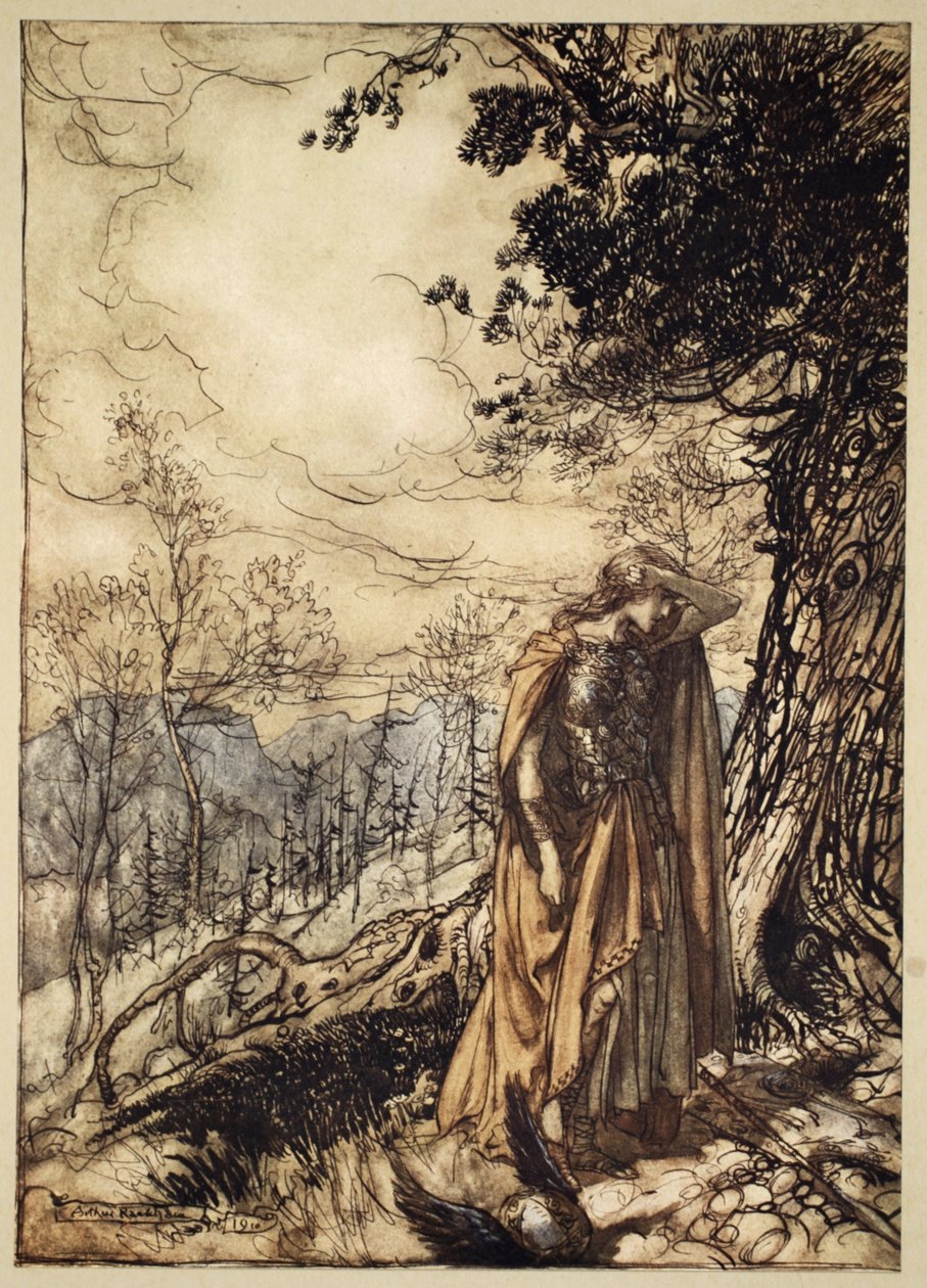 Brunnhilde sokáig áll kábultan és riadtan, illusztráció a Rajnaarany és a Valkűrből alkotó: Arthur Rackham