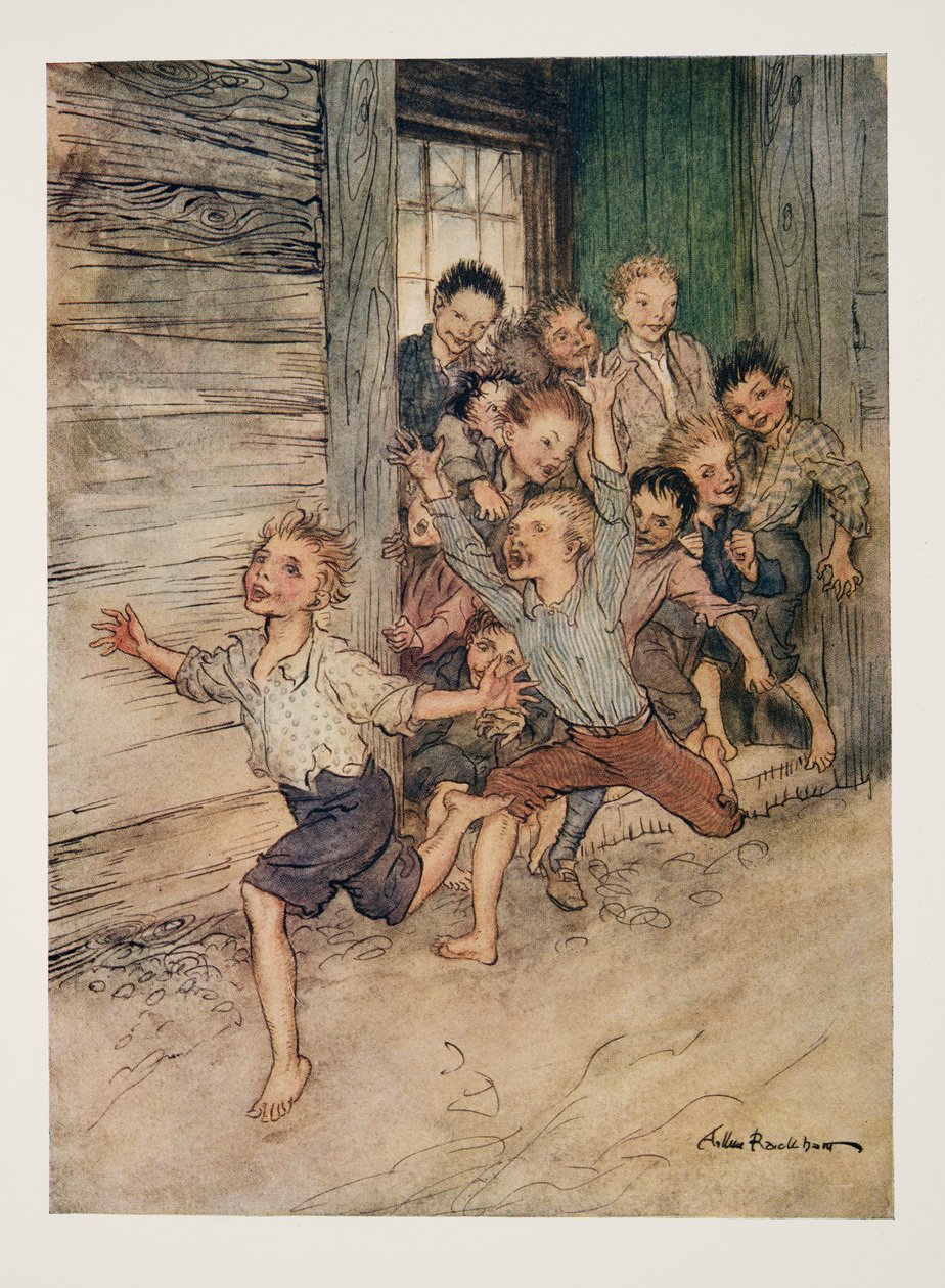 Kitört, mint egy légió fiatal improvizált, The Legend of Sleepy Hollow, Washington Irving (1783-1859), kocsma. 1928 alkotó: Arthur Rackham