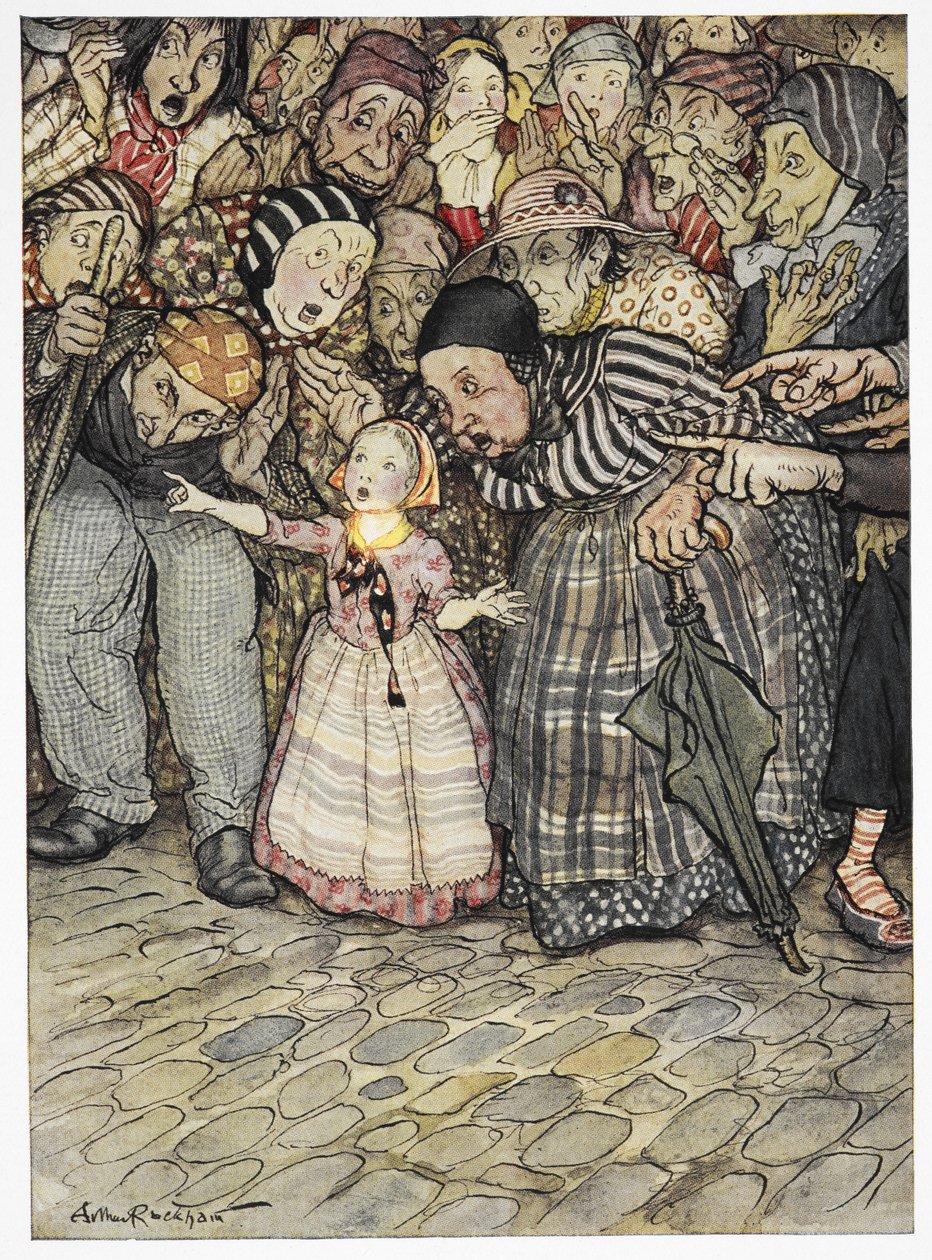 – De nincs rajta semmi – mondta egy kisgyerek. Színes illusztráció a történethez, "a császár új ruhái". alkotó: Arthur Rackham