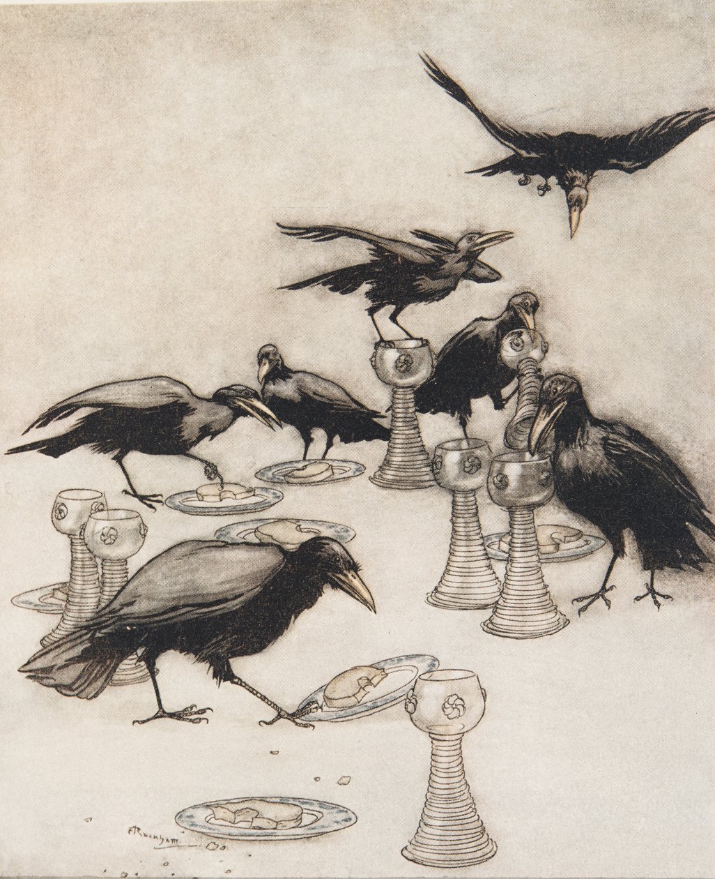 De egymás után mondták: Hallo! Ki evett a tányéromról? Ki ivott már a poharamból? a Grimm testvérek tündérmeséiből, pub. 1909 alkotó: Arthur Rackham
