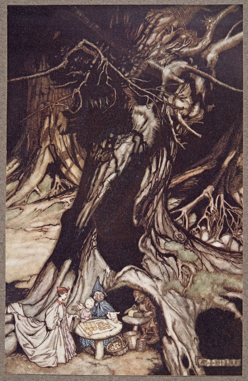 A vajat öreg fák gyökereiből nyerik, a Kensington Gardensben található Peter Pan-től, J M Barrie (1860-1937), pub. 1906 alkotó: Arthur Rackham