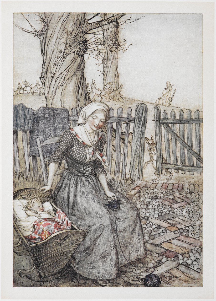 Viszlát, bébi sármány. Anya a babájával egy kiságyban. Apa vadászni megy a háttérben. alkotó: Arthur Rackham