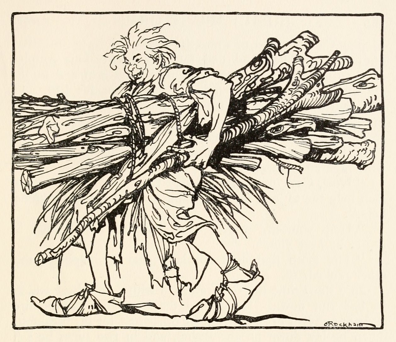 Carl menedéket épít éjszakára, az ír tündérmesékben szereplő The Carl of the Drab Coat című filmből alkotó: Arthur Rackham