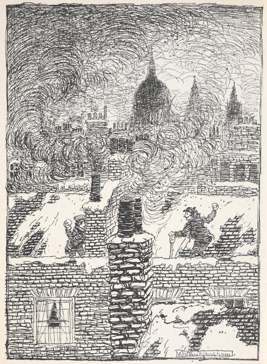 Gyerekek játszanak a háztetőkön a hóban éjjel, a távolban a Szent Pál-templom kupolájával. alkotó: Arthur Rackham