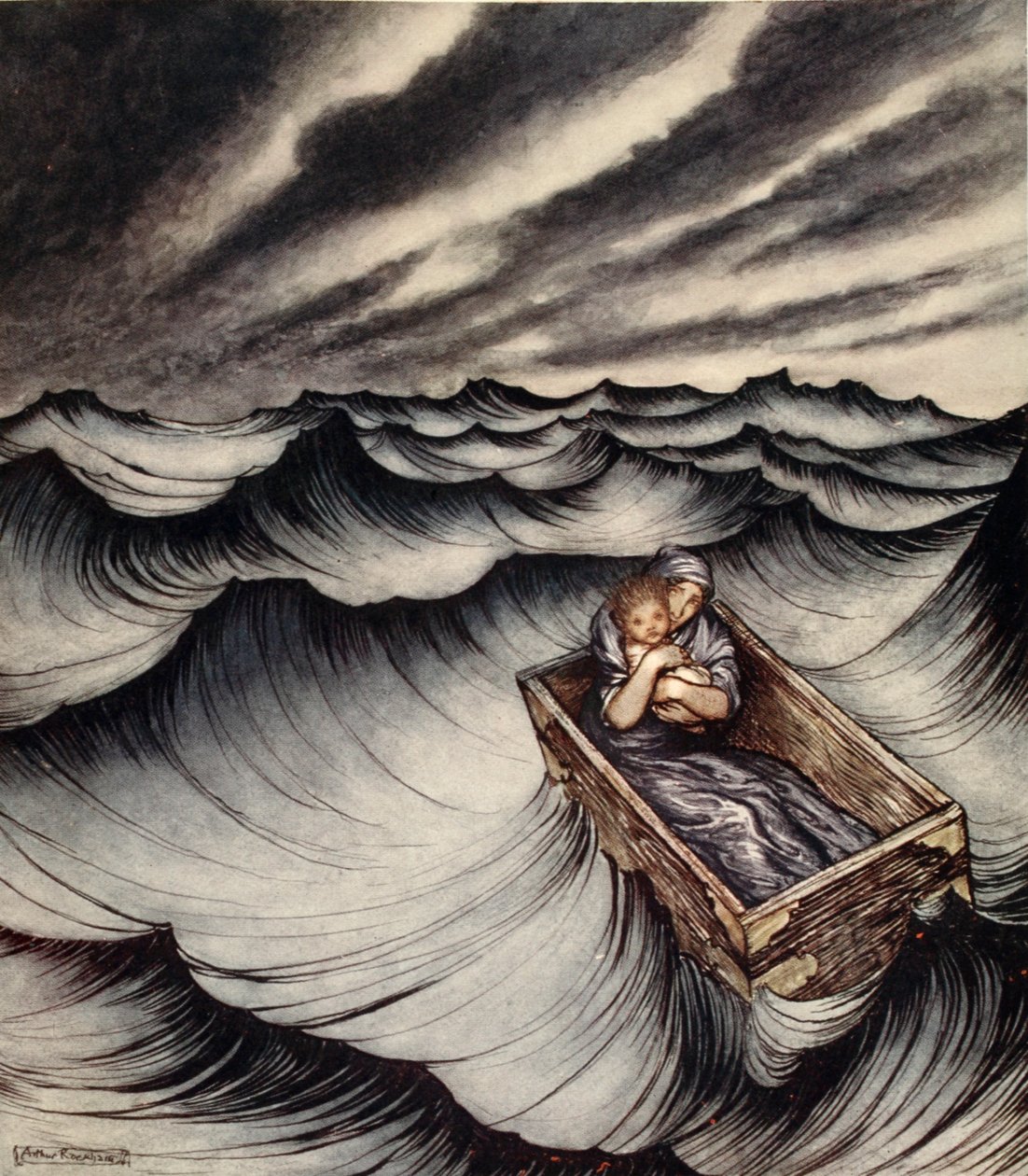 Danae szorosan összekulcsolta gyermekét, illusztrációja Nathaniel Hawthorne „A csodakönyv lányoknak és fiúknak” című művéből alkotó: Arthur Rackham