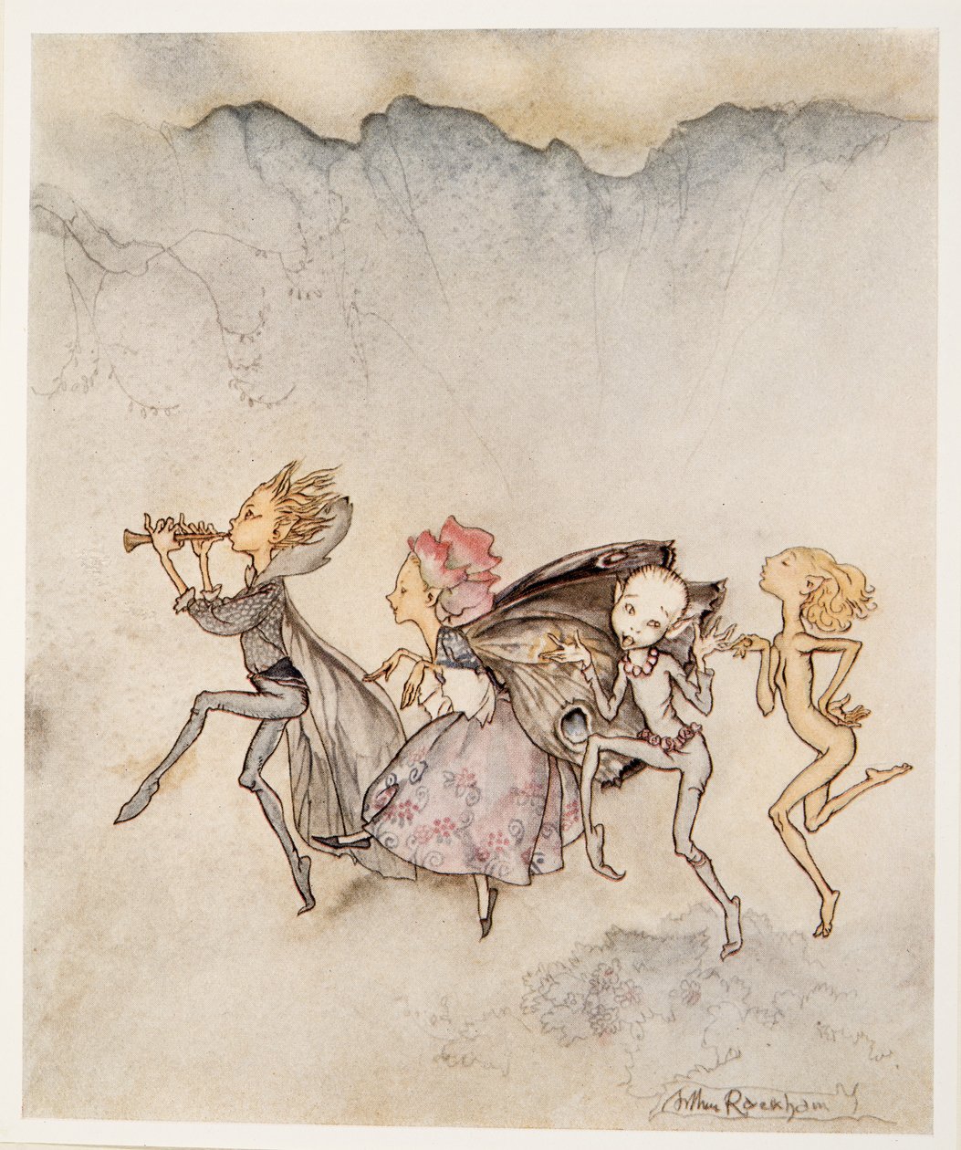 Mindegyik, megbotlik a lábujjában, felmosóval és kaszálóval lesz itt, William Shakespeares illusztrációja: A vihar, kocsma. 1926 alkotó: Arthur Rackham